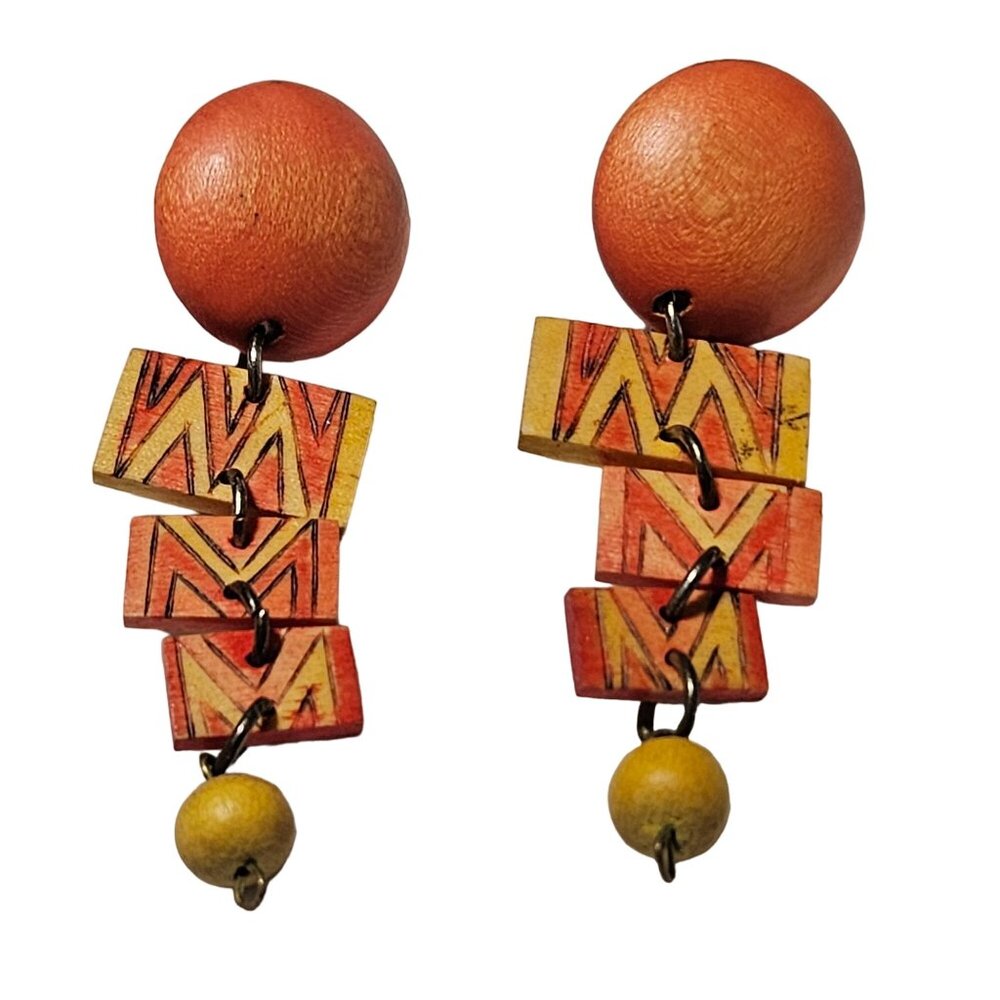 Vintage Handmade Boho Wooden Dangle Earrings Orange Yellow Geometric Jewelry